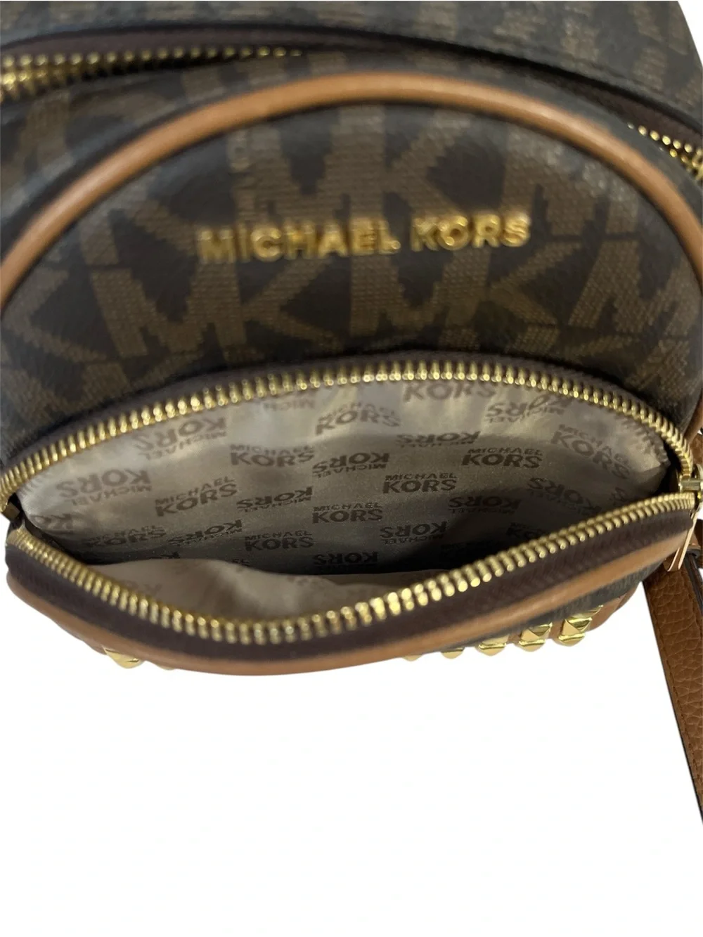 Michael Kors Abbey Small Studded Logo Backpack in Brown